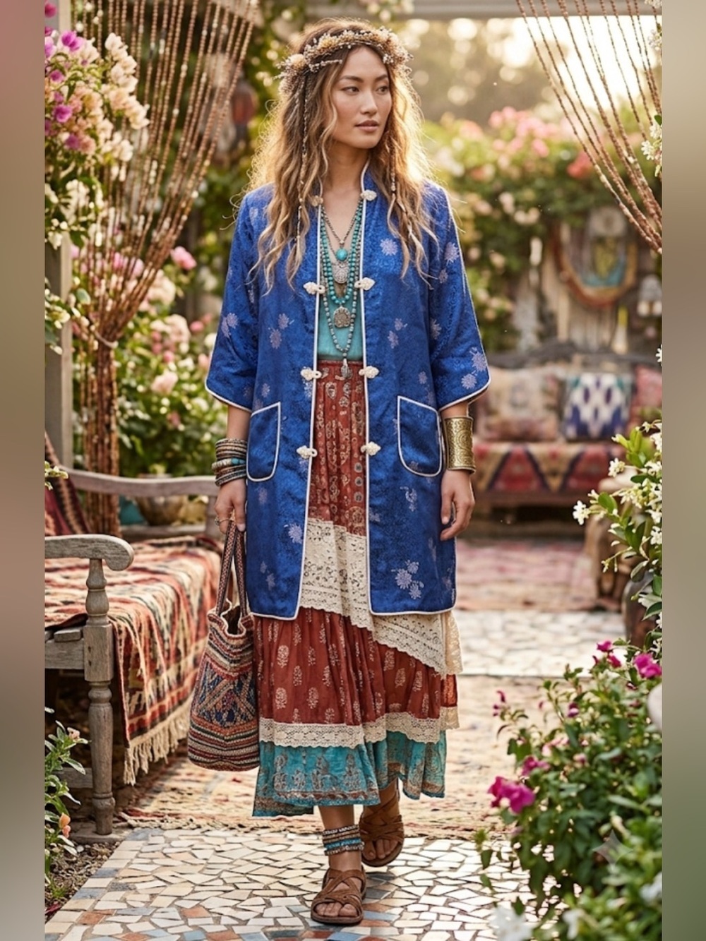 Vintage Blue Silk Satin Brocade Tang Jacket Robe • Mandarin Collar Frog Closures